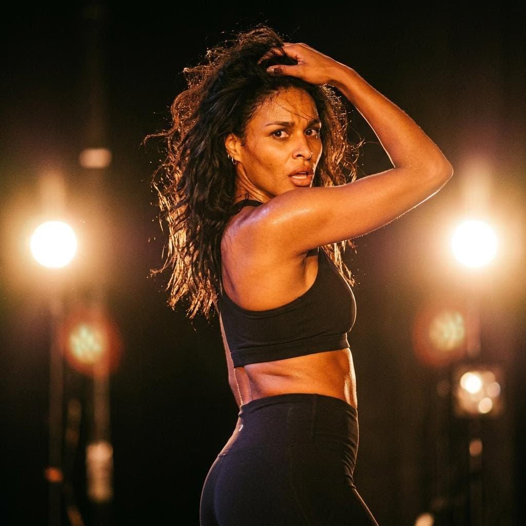 AI generated: {
  "subject_and_concept": {
    "subject": "A dynamic female dancer captured mid-performance.",
   ...