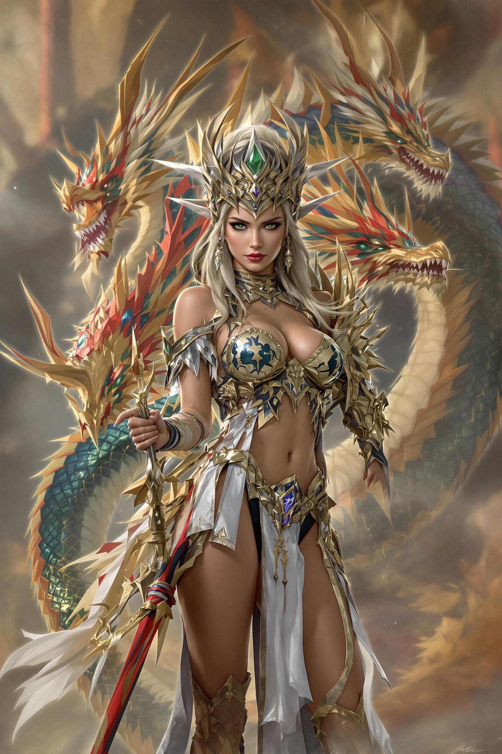AI generated: Stunning Young Female Warrior Guarding an Empire with Dragons Super Stunning Looks --ar 1:2 --style ...