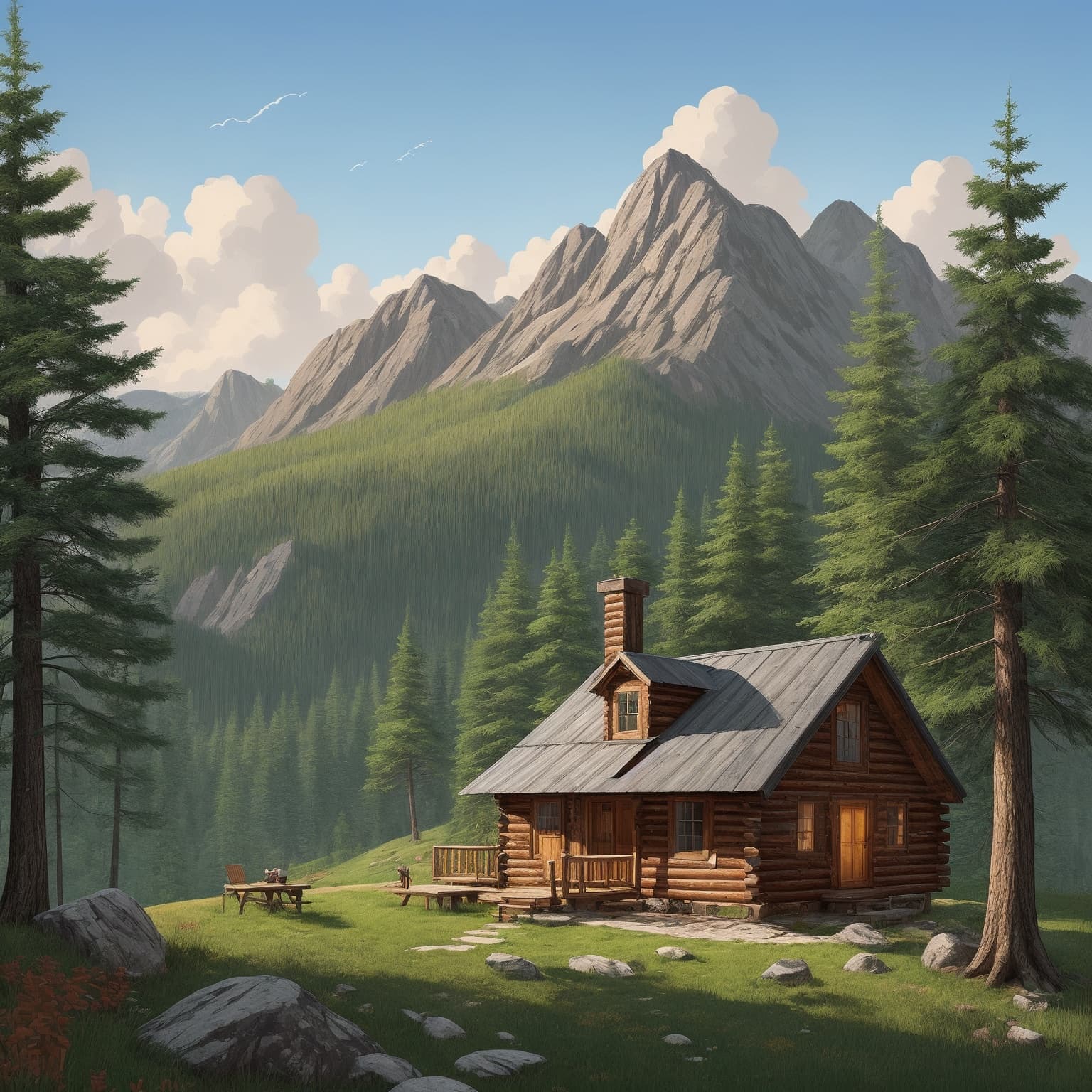 AI generated: painting of a cabin on the side of a mountain| digital painting| American scene painting| vector art...