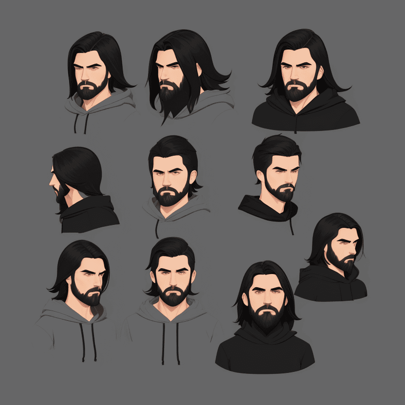 AI generated: Create 1 male character, wearing plain Hoodie, small short beard, long straight black hair,  simple,...