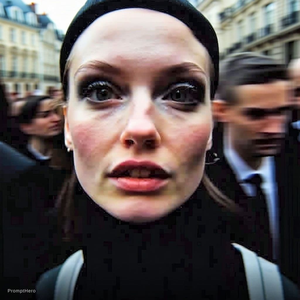 AI generated: Paparazzi-style extreme close-up photo of a woman with striking facial features, caught off-guard wh...