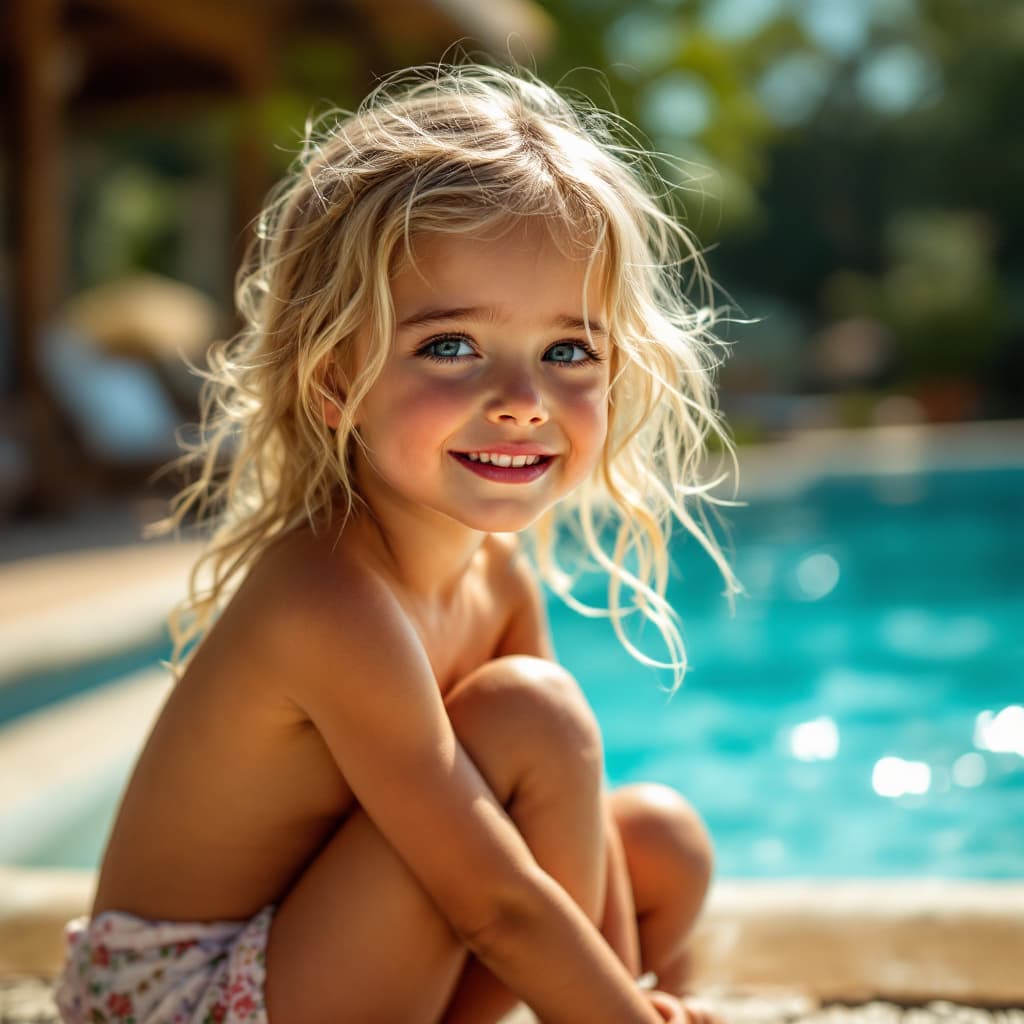 AI generated: little girl by the pool, blonde, petite, tan, on her knees, beautiful, sweating from the heat