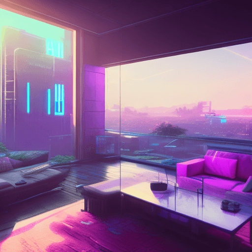 AI generated: Hyper realistic eye level photo of a cyberpunk century modern style house overlooking the horizon, i...