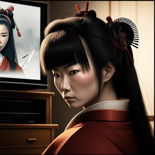 AI generated: samurai woman watching television