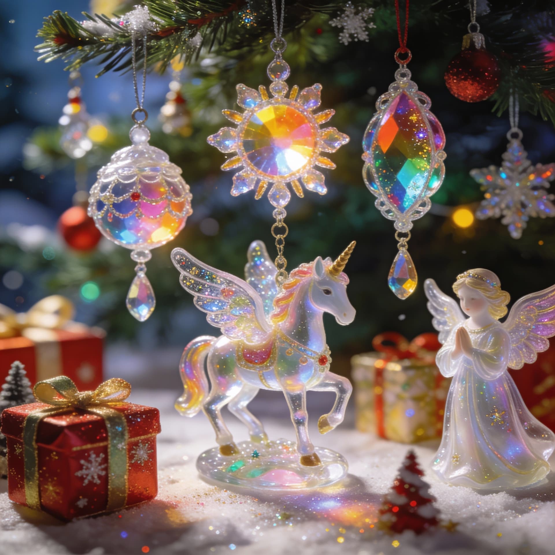 AI generated: yuletide Christmas ornaments, suncatchers, unicorns, angels , presents, sparkliing translucent, dust...