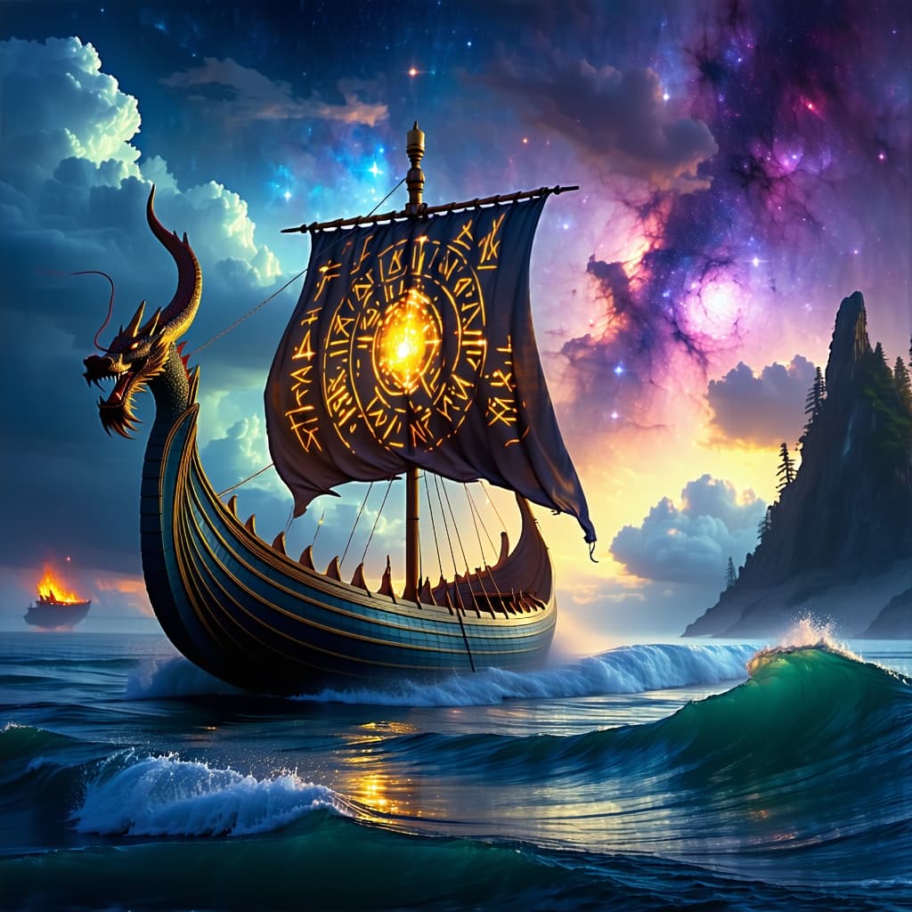 AI generated: "Epic fantasy artwork of a Viking longship with a dragon-headed prow sailing through a cosmic ocean....
