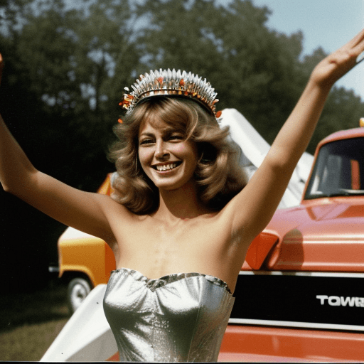 AI generated: newspaper photo of her standing on the flower-decked bed of a pulp truck next to the Tiger quarterba...