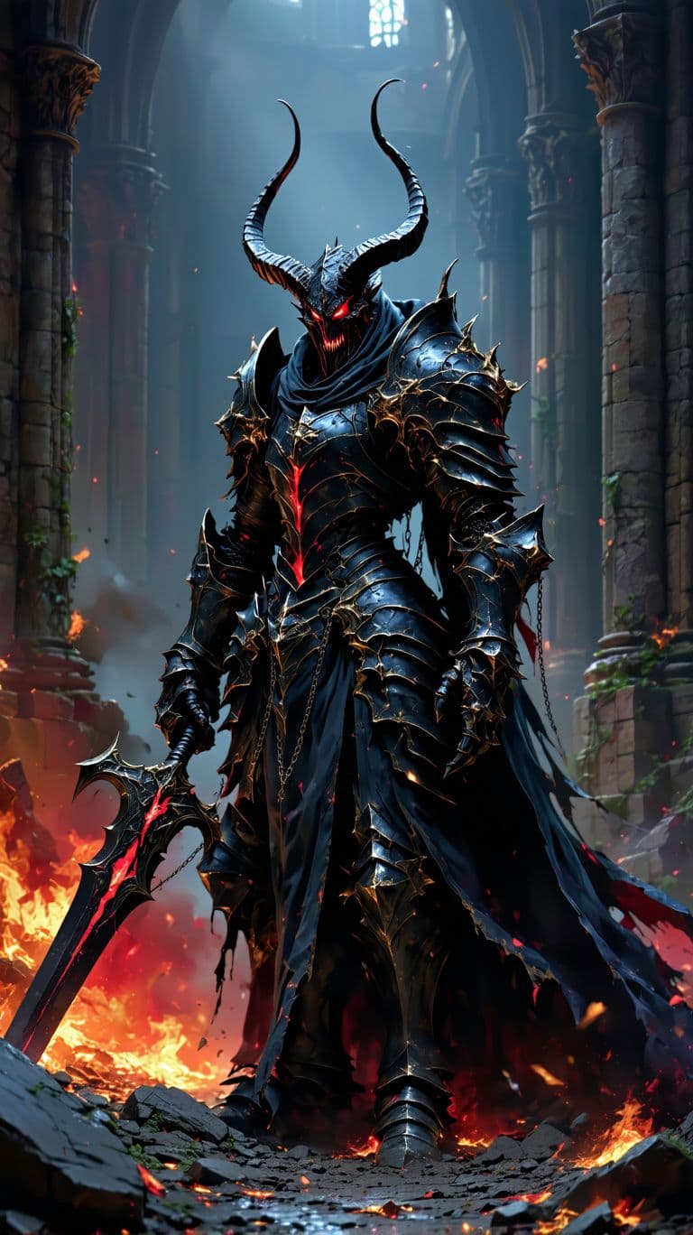 AI generated: A monstrous, armored demon knight stands at the edge of a ruined gothic cathedral, its body wrapped ...