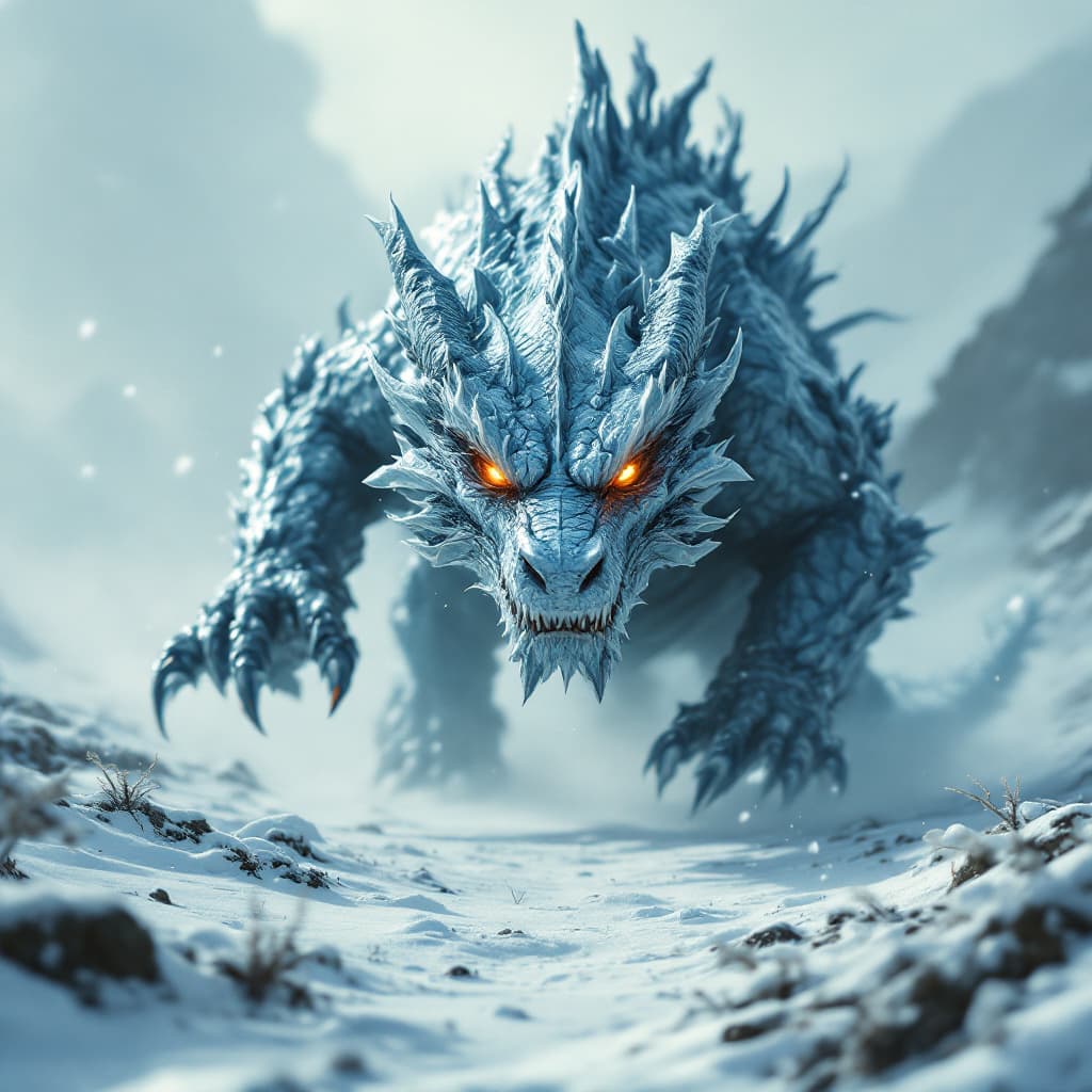 AI generated: A majestic, enormous dragon, with scales glistening like polished ice, is running directly towards t...