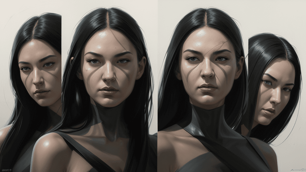 AI generated: 3 horizontal panels, night and day, Yin and Yang, expressive, detailed face, oil painting, heavy str...