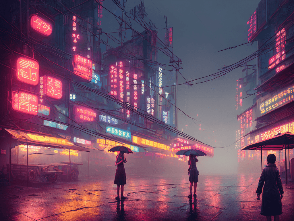 AI generated: girl in front of a market, rainy foggy cyberpunk city neo tokyo, cinematic lighting, reflections, 4k...