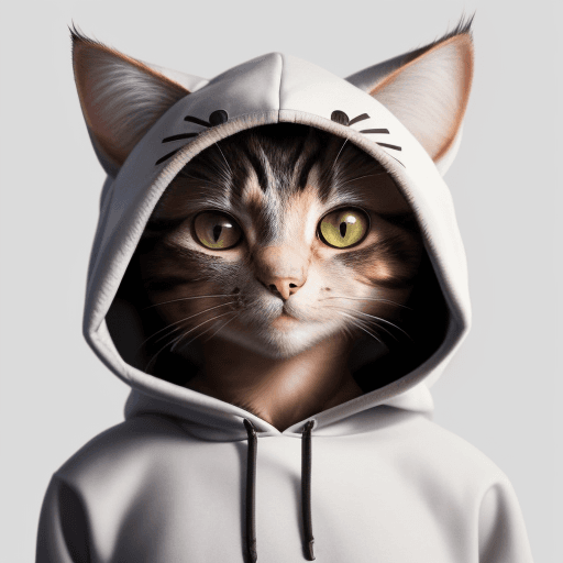 AI generated: portait of cat wearing a hood and hoodie looking at me with focus,  white background, by leonardo da...
