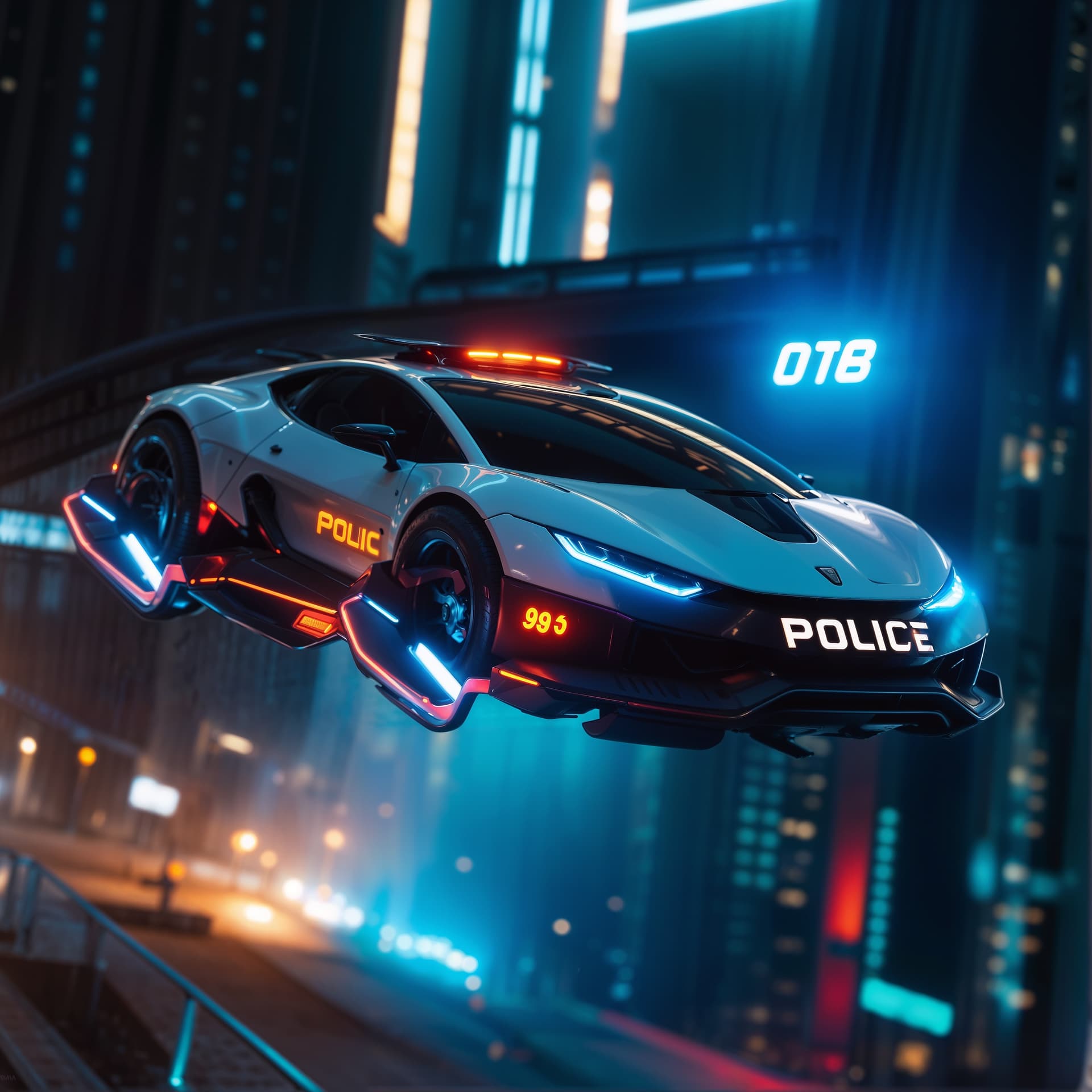 AI generated: Futuristic Concept car with luxury sports (police) features and white with sapphire blue and black d...