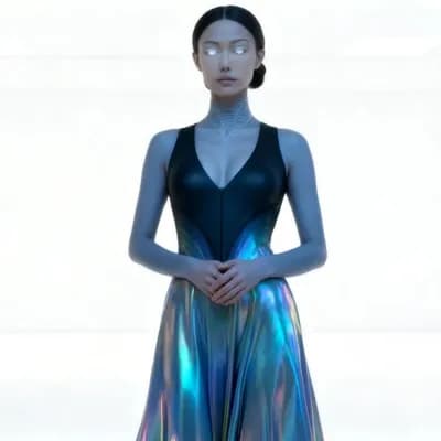 AI generated video: Futuristic minimalist white chamber. A calm artificial woman with glowing white eyes stands centered...