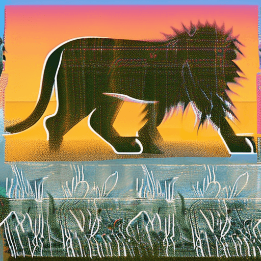 AI generated: Create a double-exposure digital image that captures the silhouette of a lion walking across the sav...