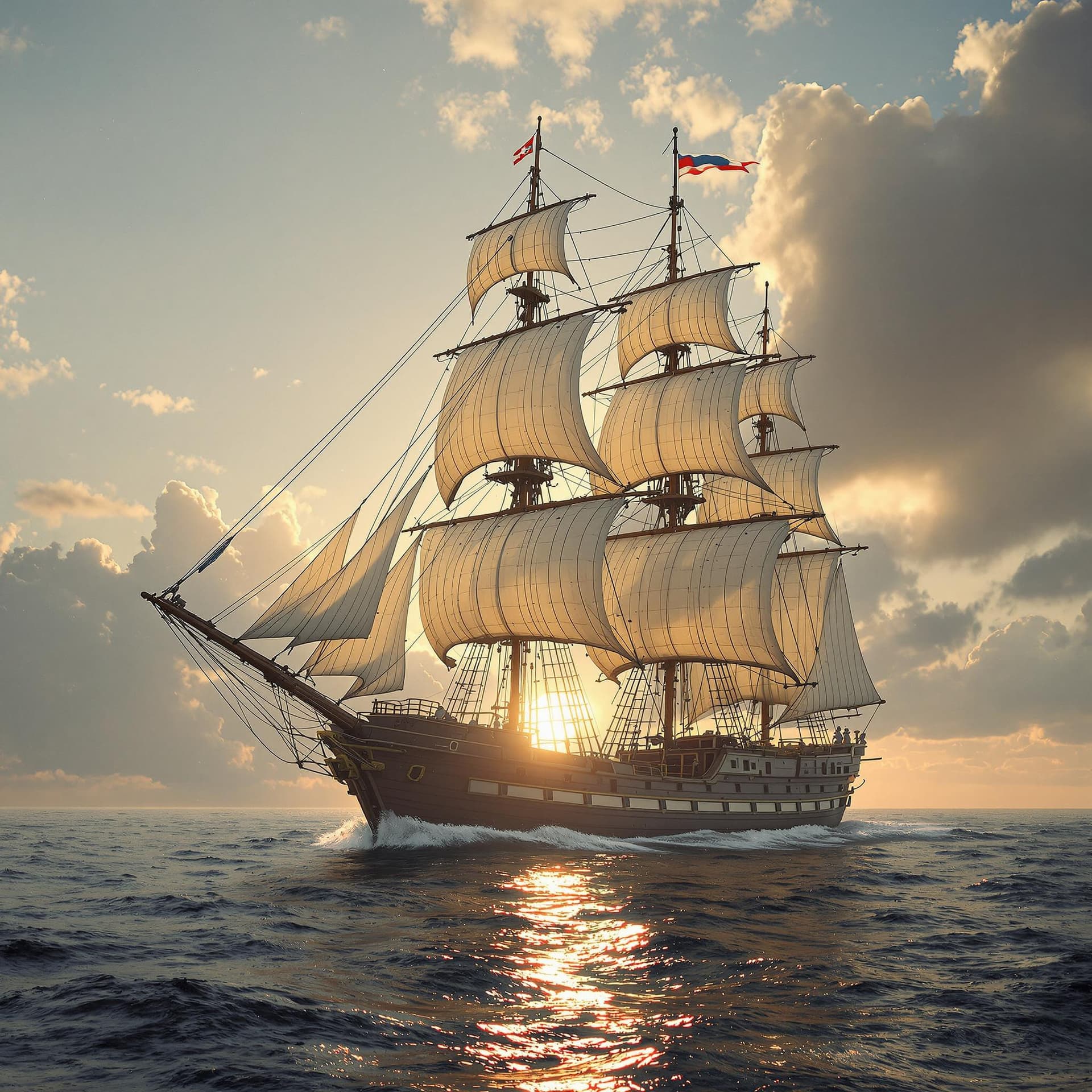 AI generated: Photo of a ultra realistic sailing ship, dramatic light, pale sunrise, cinematic lighting, battered,...