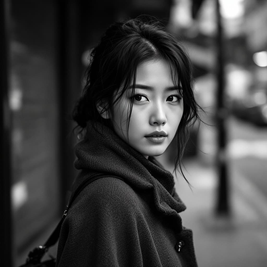 AI generated: Black and white photo of an Asian woman walking briskly with her head turned toward the camera, a lo...