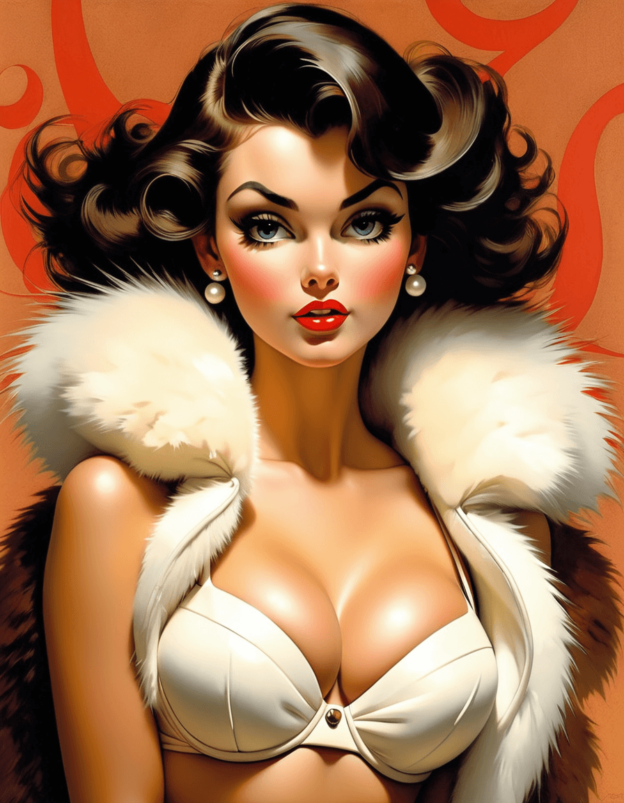 AI generated: NSFW, art by Norman Rockwell and Frank Frazetta, avant garde fashion, vogue, an adult woman in a fur...