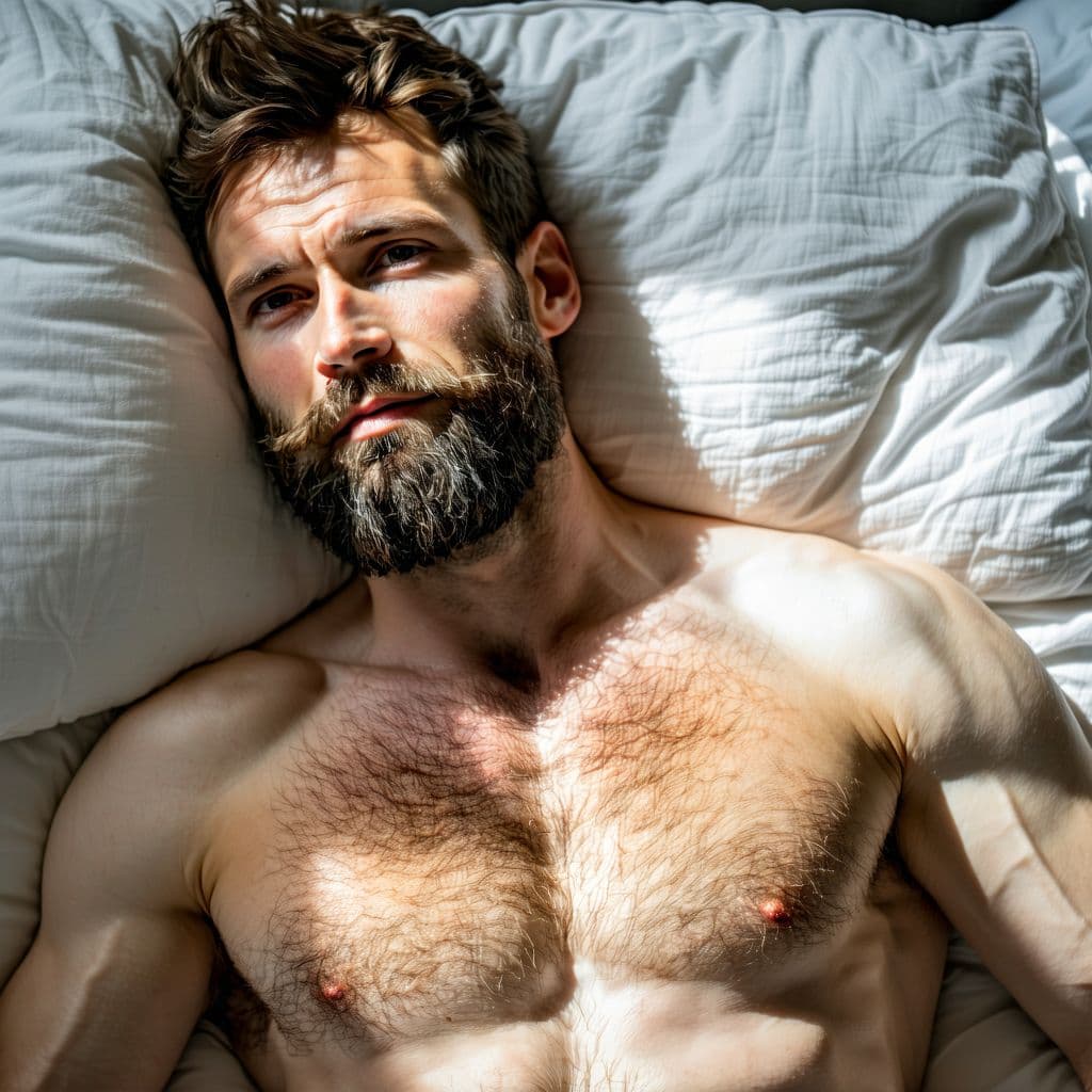 AI generated: solo, manly, mature, sweaty, naked, strong, beard, pubic hairs, chest hairs, hairy skin, hand mastur...