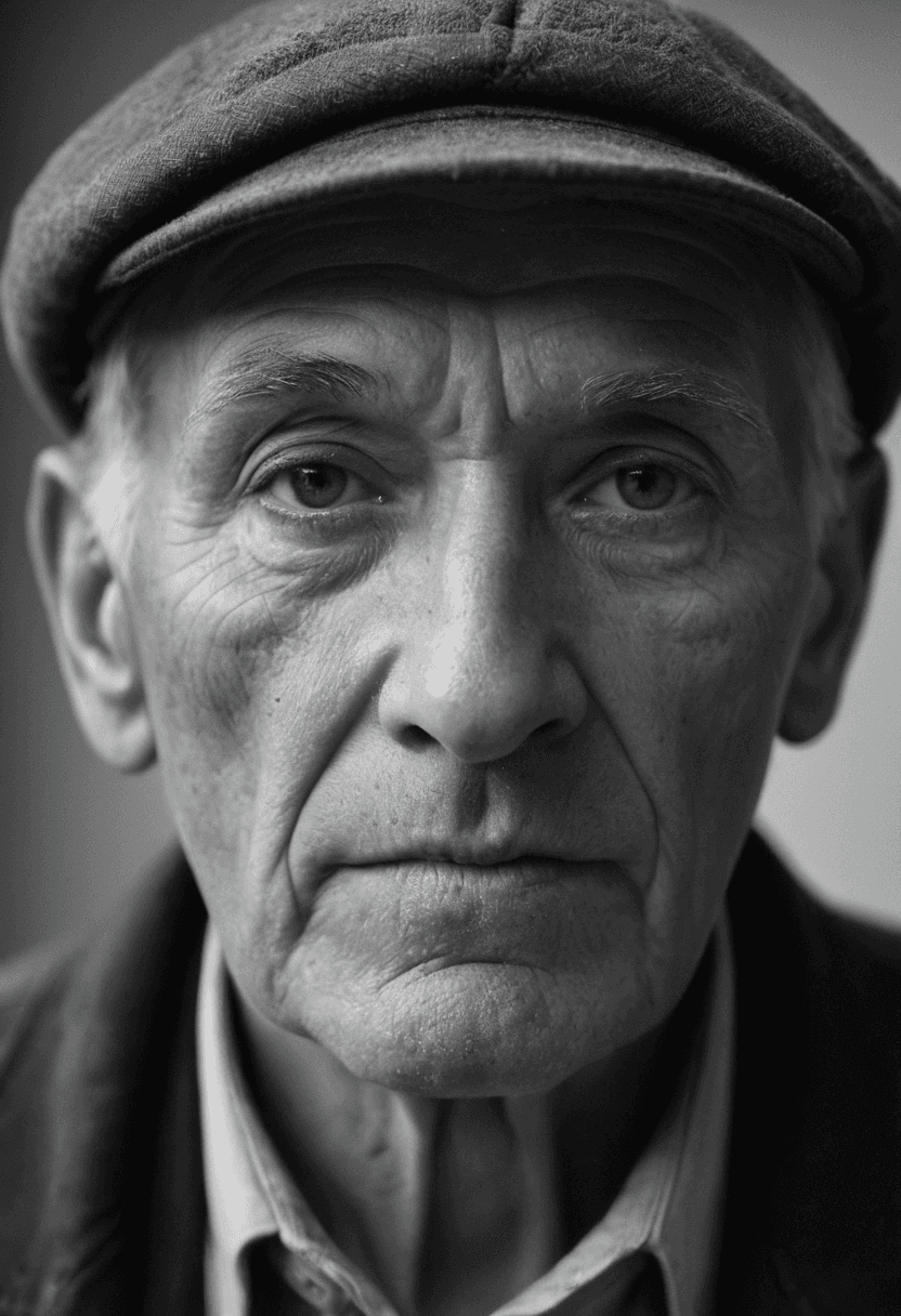 AI generated: black and white portrait of an old worker, wrinkled face, focus on the eyes, wide aperture (f/4), 70...