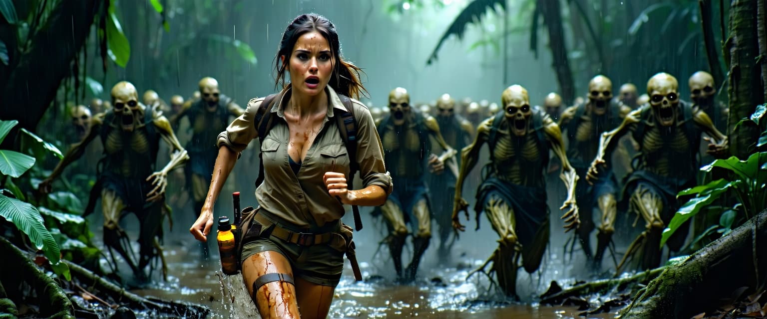 AI generated: A hyper-realistic cinematic horror scene of a terrified female archaeologist running for her life th...