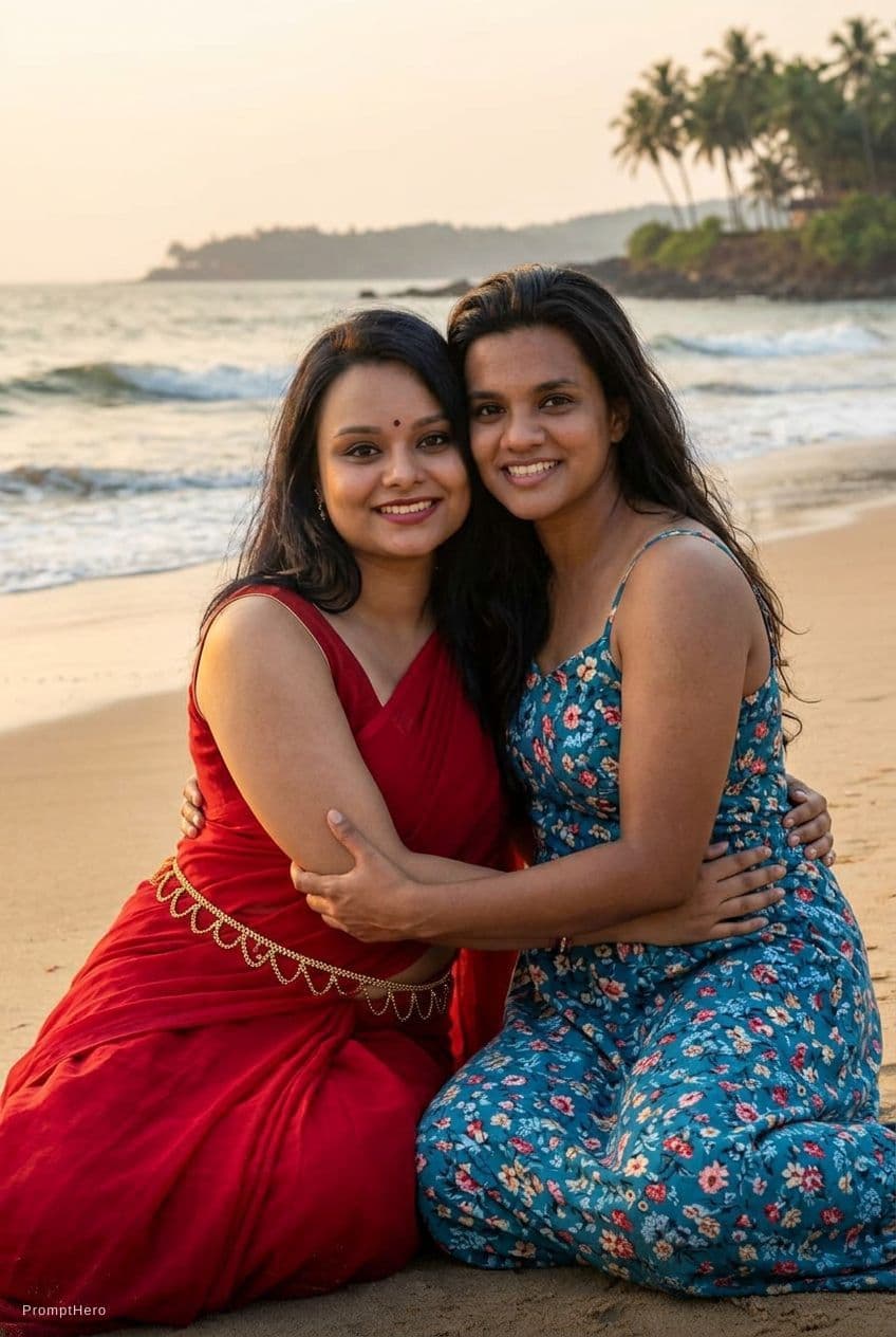 AI generated: Make a pic of 2 woman sitting on beach side and their hands on waist of each other.
One woman wearin...