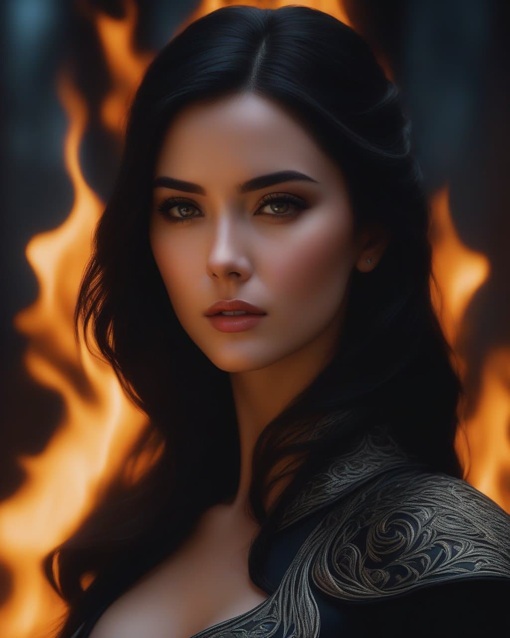 AI generated: dark theme, photo of a gorgeous dark-haired female in the style of stefan kostic, realistic, half bo...
