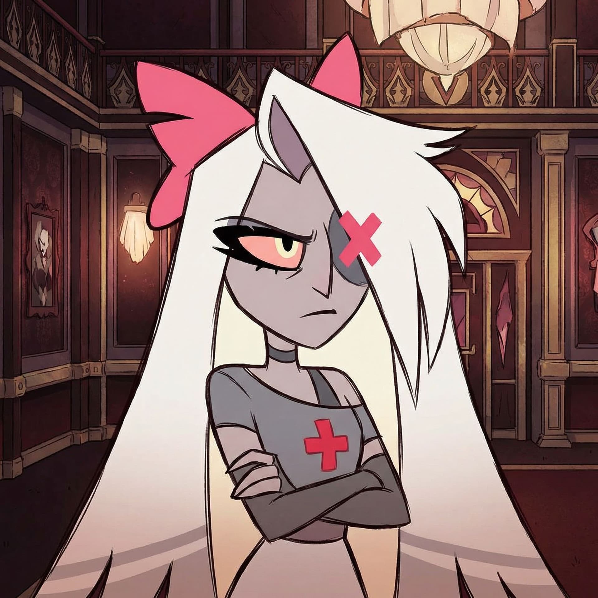 AI generated: draw vaggie from hazbin hotel using that art style of the image input