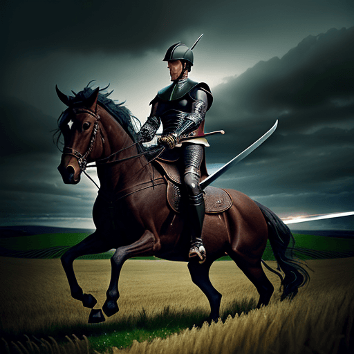 AI generated: A dark horse rider with a sword in a field, cinemátic photography, HD 4K, realistic style, cold colo...