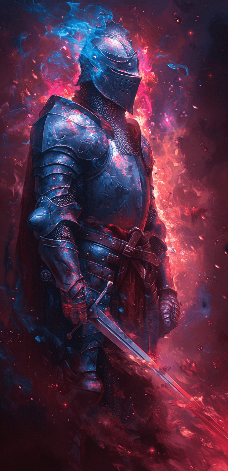 AI generated: A knight in full armor, with vibrant colors and intricate details on the helmet and sword, dark red ...