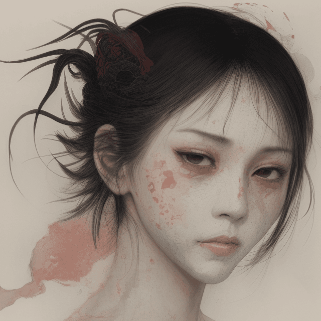 AI generated: a single Woman crying blood, artwork by Takato Yamamoto and Chika Yamada, minimalistic, face barely ...
