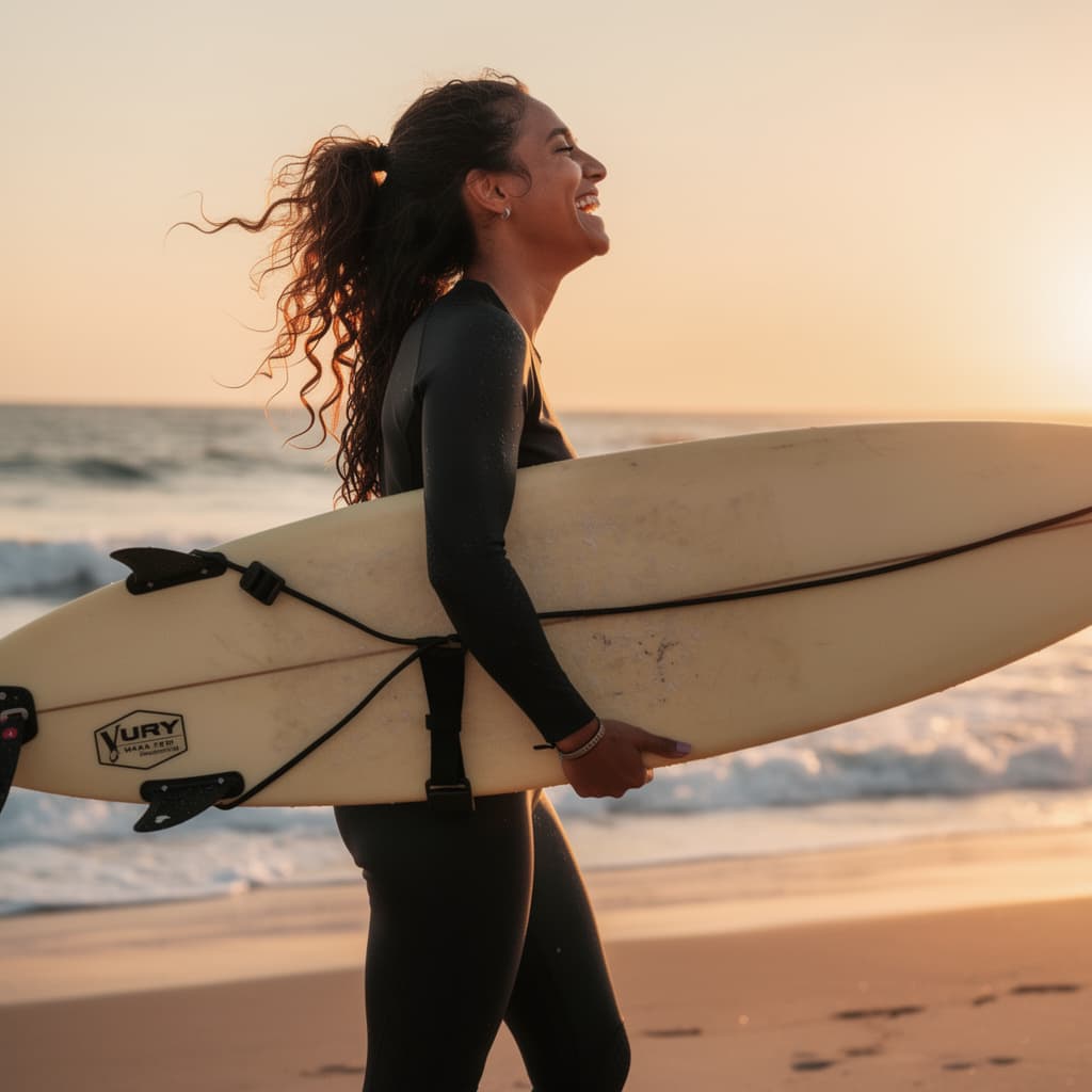 AI generated: A 22-year-old with sun-kissed skin and wild, curly brown hair, stands with the surfboard tucked unde...