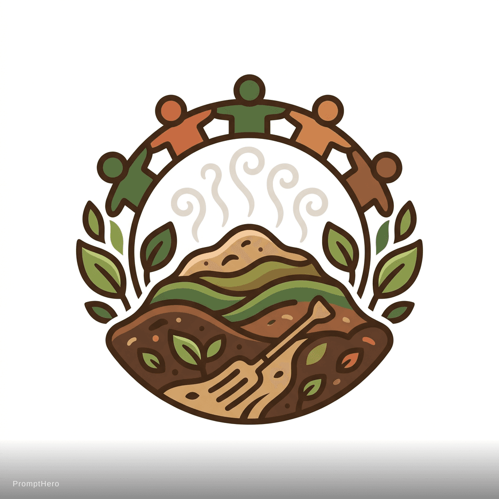 AI generated: Commmunity composting hub, steaming termophilic compost, earth tones, cozy and warm feeling