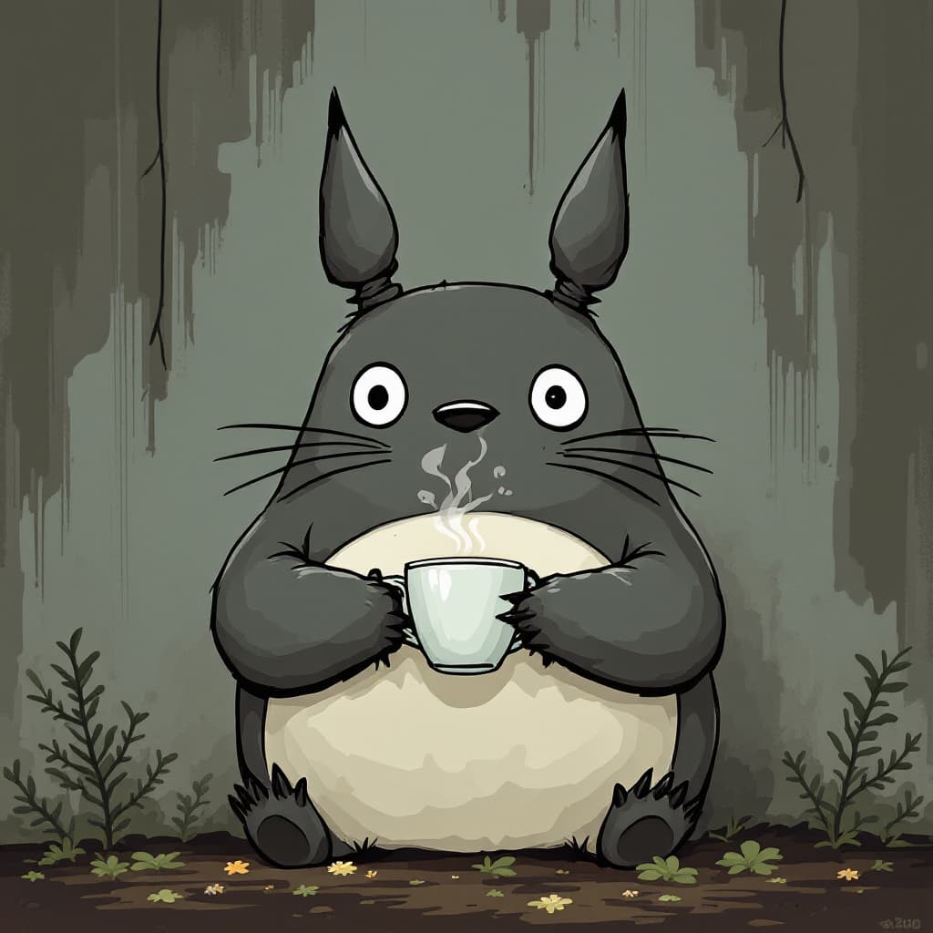 AI generated: Totoro drinking cofee a --personalize nwnd4j3 --stylize 600