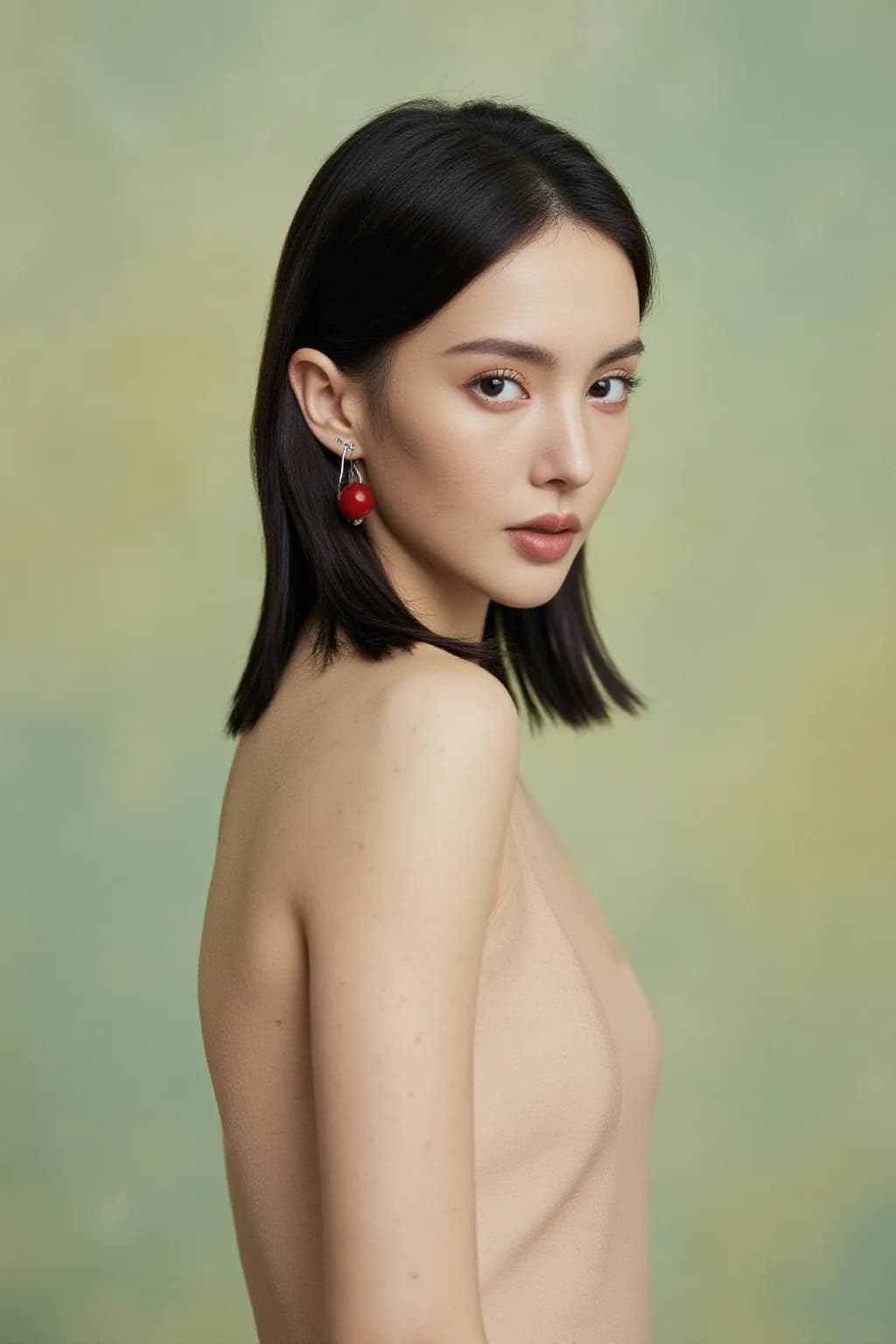AI generated: A woman with shoulder-length dark hair styled neatly, adorned with a pair of elegant, dangling earri...