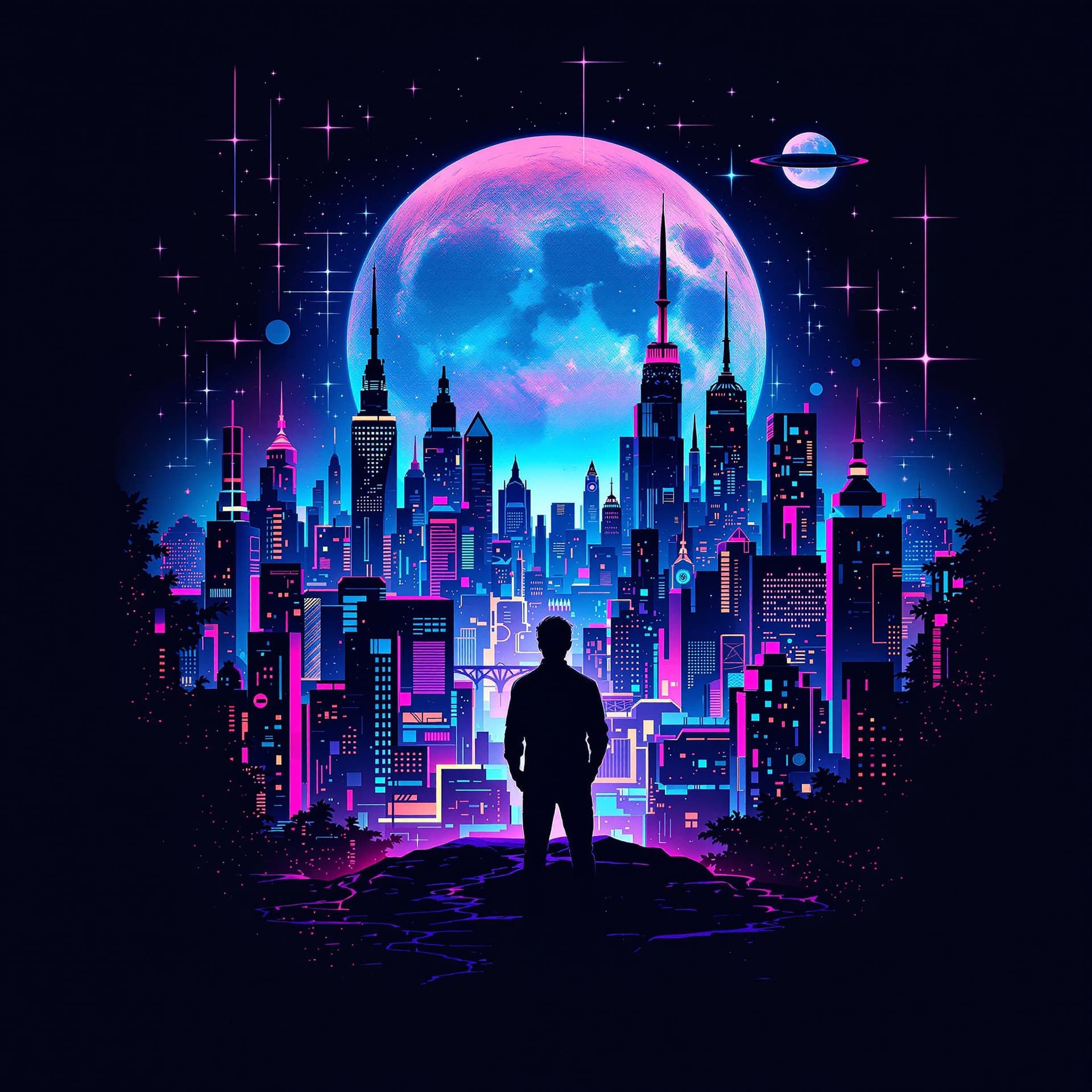 AI generated: T-shirt design: a bold and dynamic t-shirt graphic featuring a futuristic city skyline at night, wit...