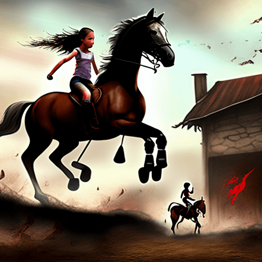 AI generated: girl riding horse , warzone , weapons ,horror 