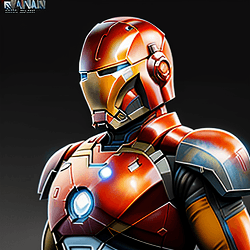 AI generated: Mandalorian style ironman, bust, perspective view, iron-man, silver color, sleek, solid orange backd...