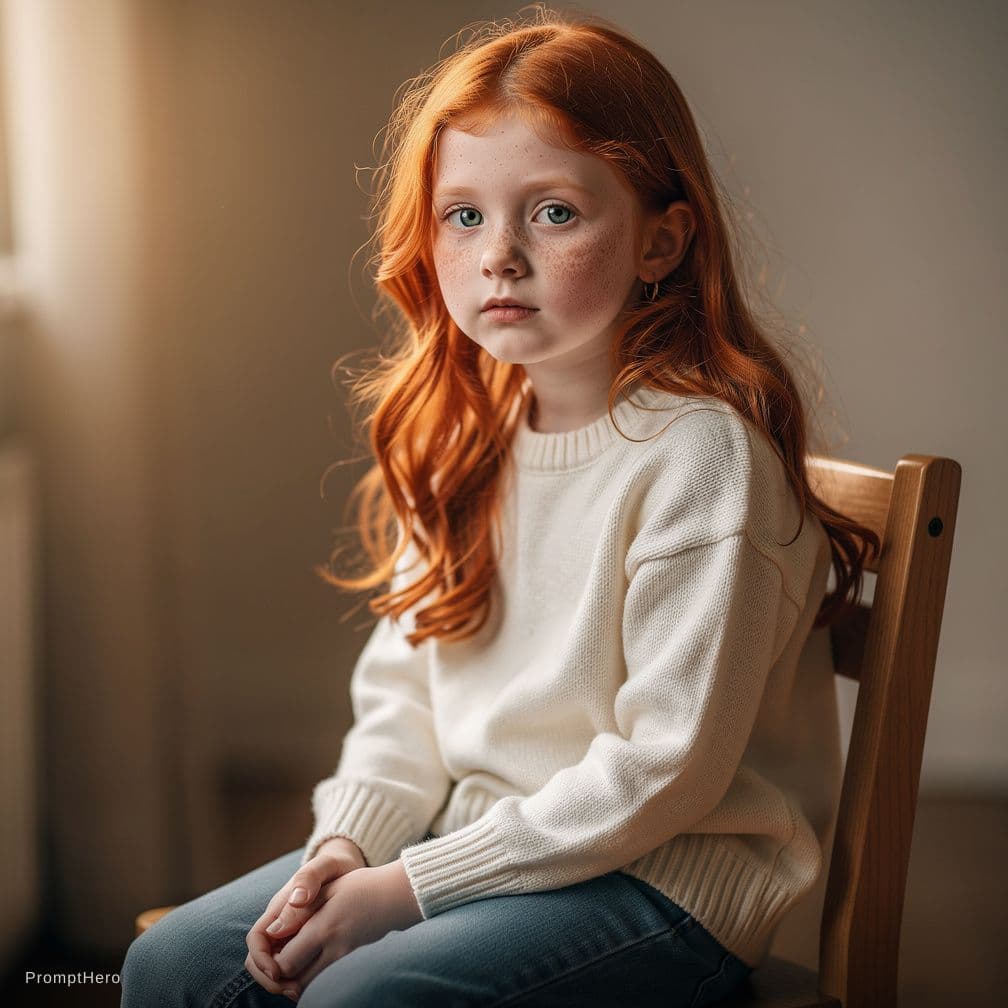 AI generated: Redhead girl sit on a chair. 