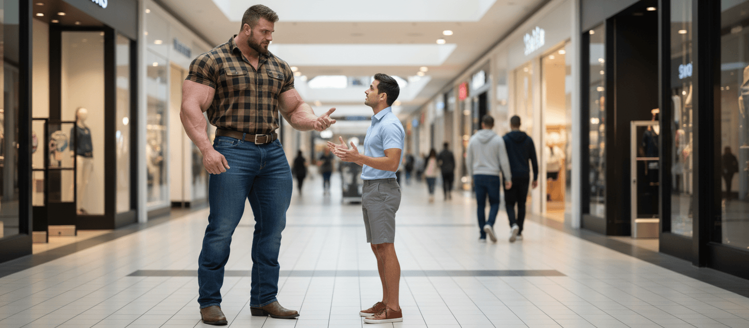 AI generated: the bodybuilder is 6'4" tall, he has huge muscular shoulders and extra huge muscular legs. He is wea...