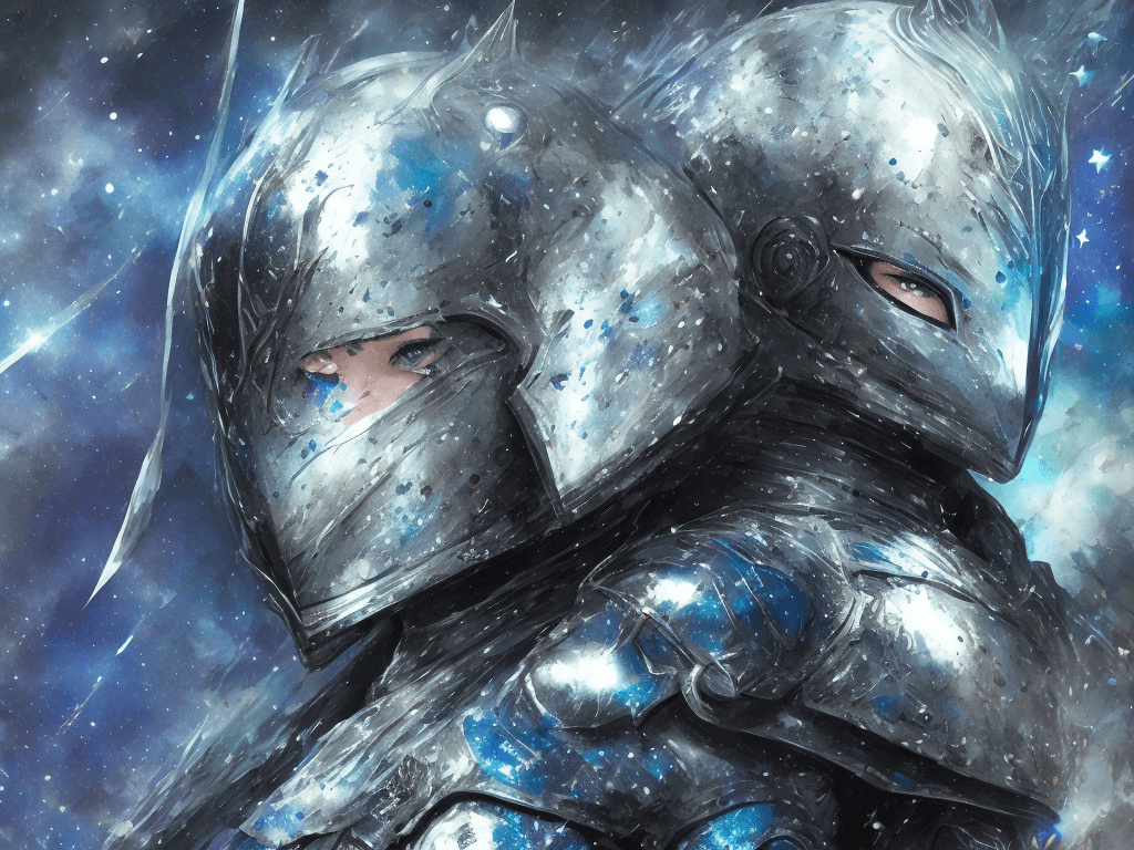AI generated: "sinister beautiful lady knight, helmet, stellar galaxy constellations splatter, deep black indigo c...