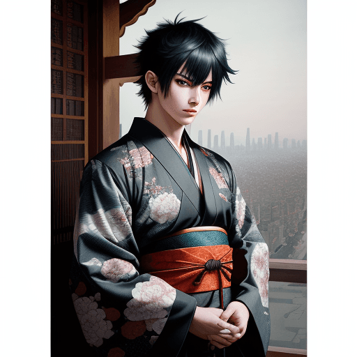 AI generated: anime boy on big motor print on paper, in the style of kerem beyit, elaborate kimono, city portraits...