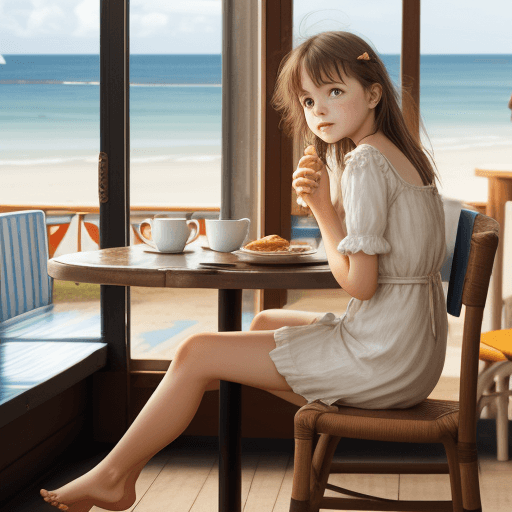 AI generated: Young Girl in a cafe by the sea, barefoot 