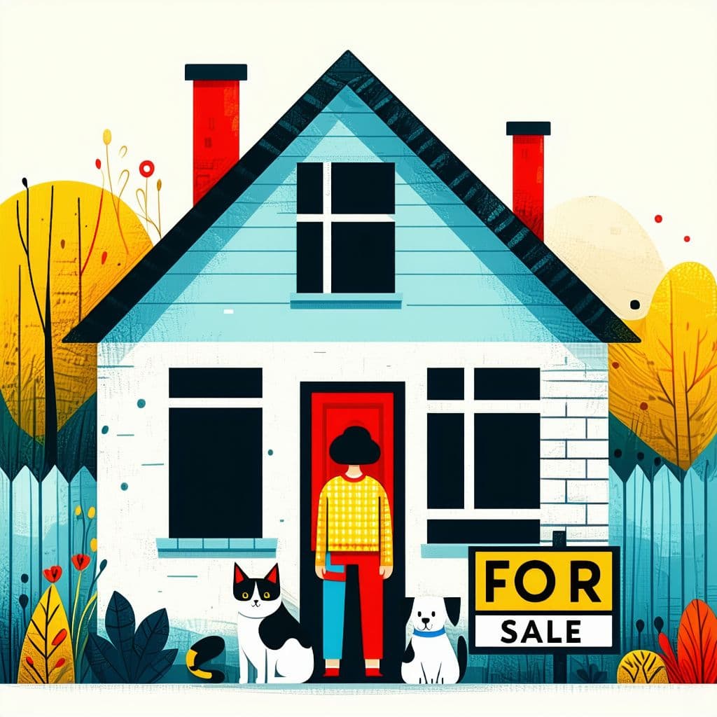AI generated: House with a color person standing in front with a cat with a dog next to them. The house has a big ...