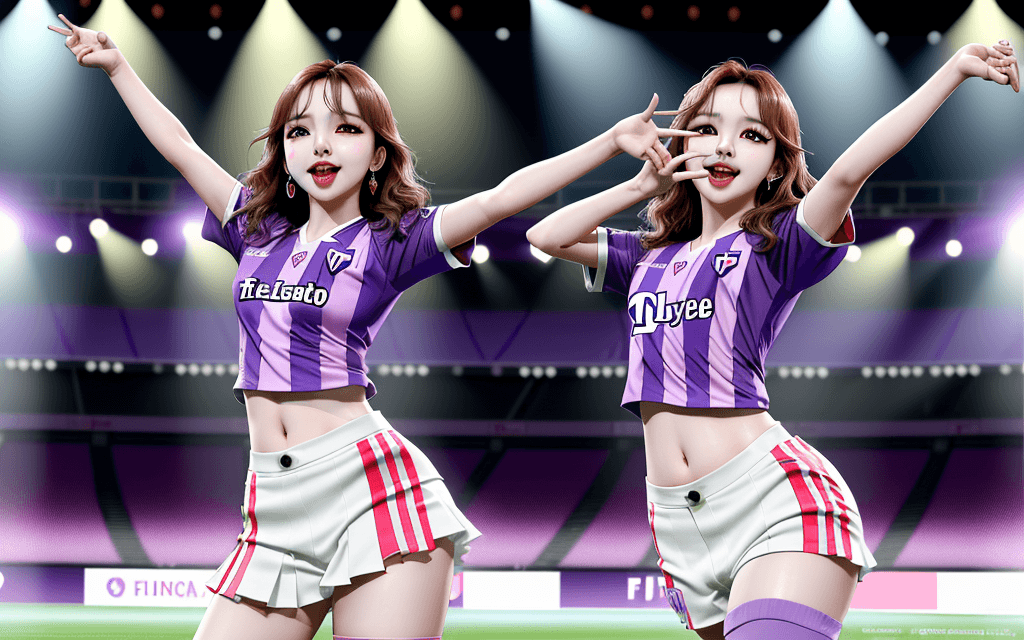 AI generated: Photo realistic image of Nayeon, korean idol from TWICE, dancing in a ACF Fiorentina football shirt,...