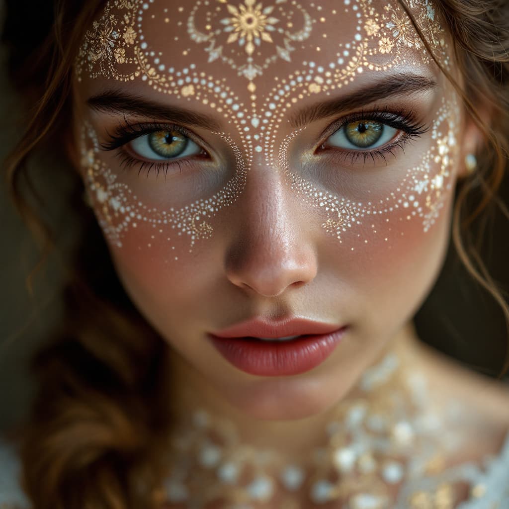AI generated: the whole face, shoulders and chest are pierced with openwork threads in the style of ottoman nation...