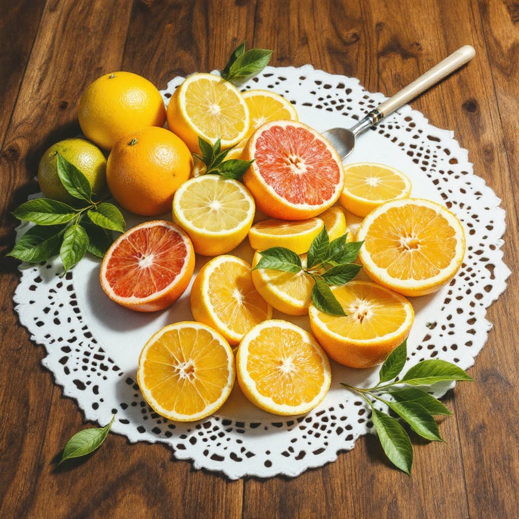AI generated: hyper realistic various sliced citrus fruits on a chalk white doily and dark mahogany grained table ...