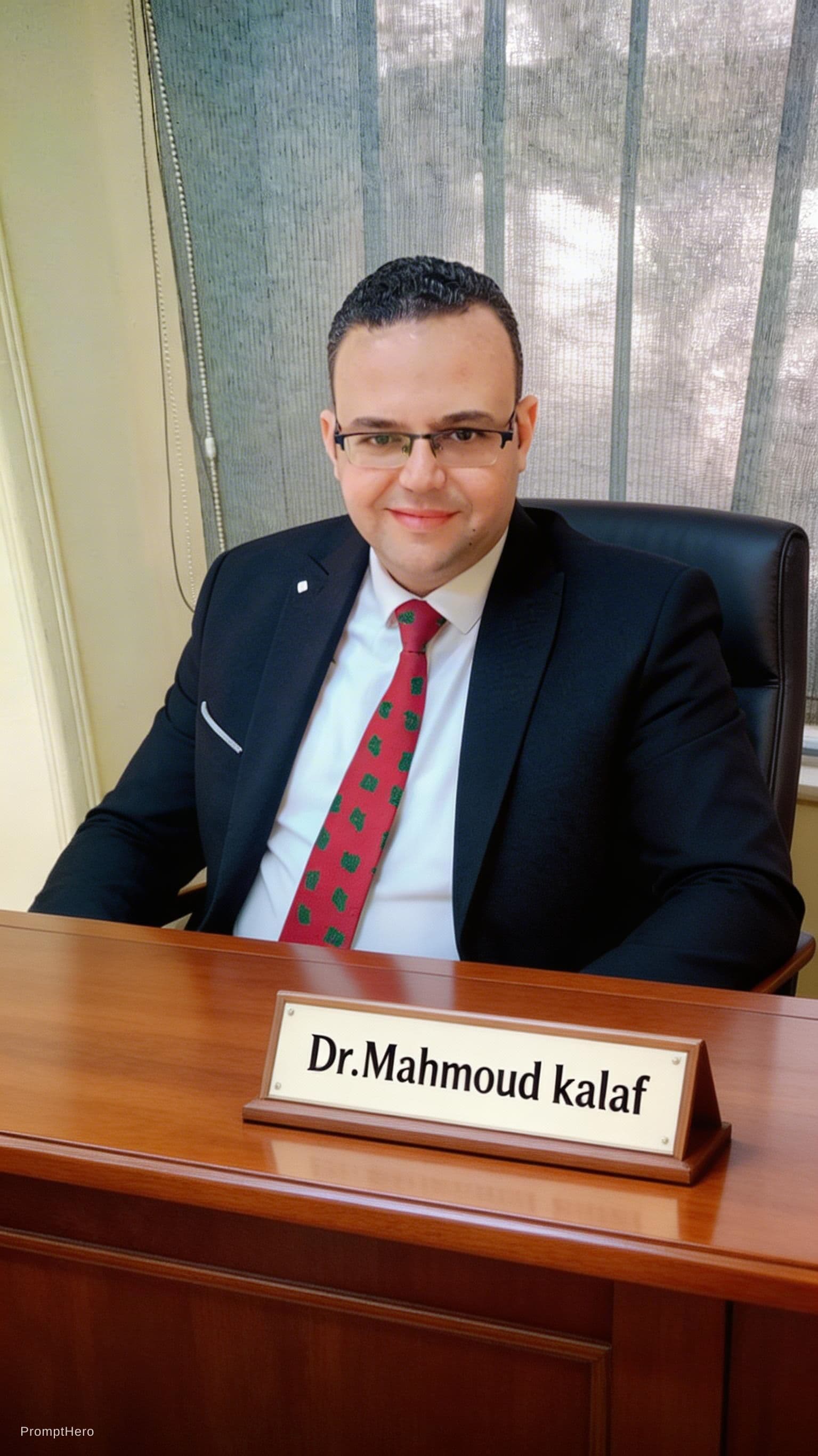 AI generated: عاوزك تخلينى قاعد على مكتب كبير بتاع رئيس مجلس ادارة واكتب يافطه عليها Dr.Mahmoud khalaf
