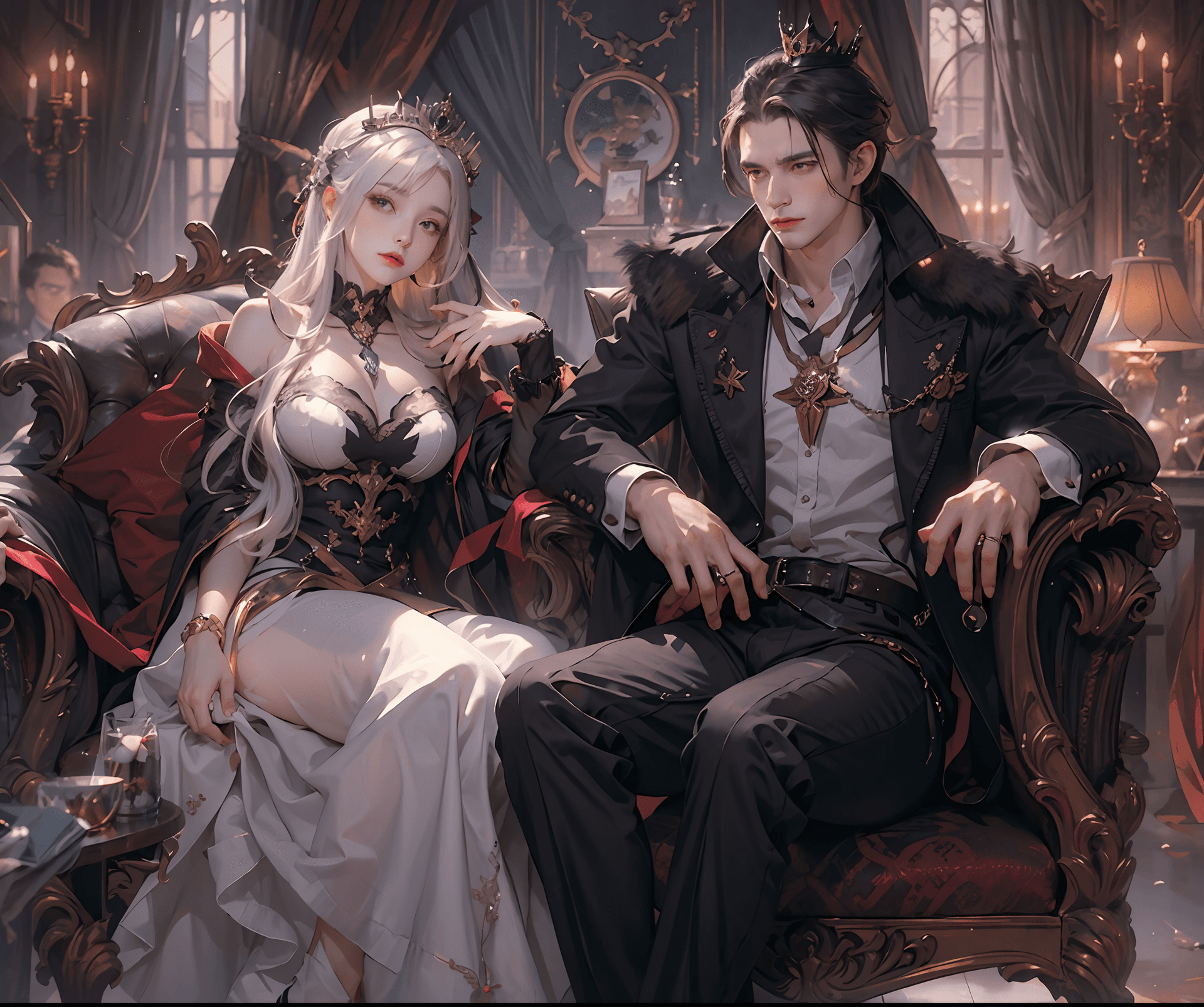 AI generated: masterpiece, best quality, concept art, a man sitting in a chair next to a woman, a character portra...