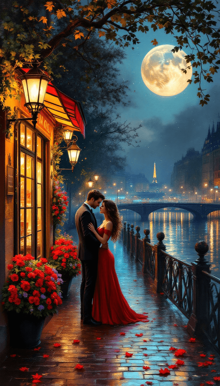 AI generated: A romantic oil painting in a lush, painterly fantasy style, with thick impasto brushstrokes and glow...